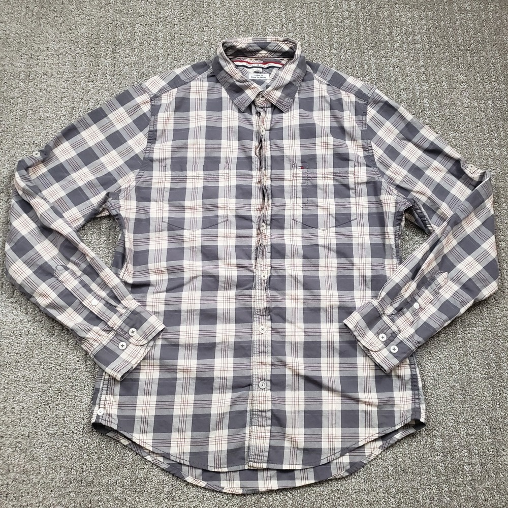 Tommy Hilfiger Button Up Shirt Mens M Gray Plaid Custom Fit Cotton Grunge Preppy